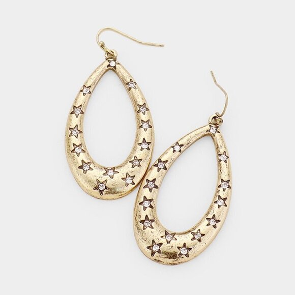 NWT Gold Embossed Star Rhinestone Teardrop Metal Earrings - Picture 1 of 8